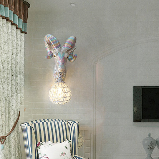 Rustic Silver Resin Wall Lamp: Indoor Sconce Light Fixture With Orb Crystal Shade - 1 Goat Design