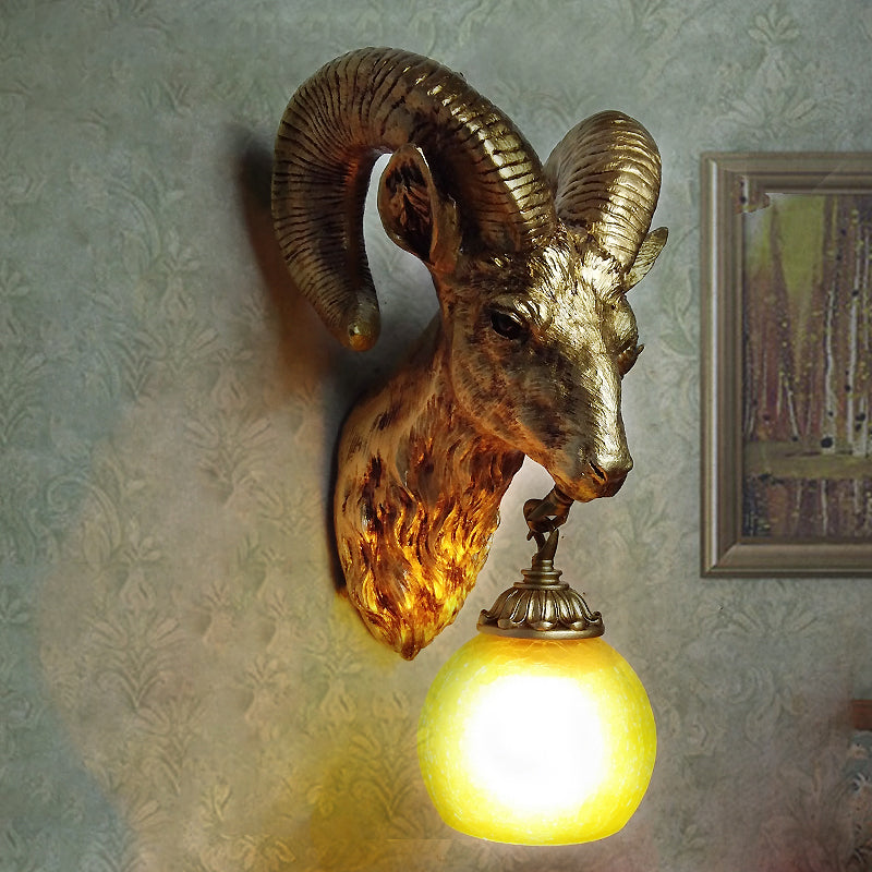 Country Style Goat Resin Gold Sconce Lamp - 1-Light Wall Mounted Lighting With Crystal/Glass Shade