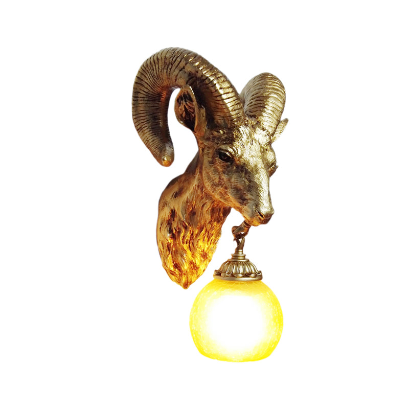 Country Style Goat Resin Gold Sconce Lamp - 1-Light Wall Mounted Lighting With Crystal/Glass Shade