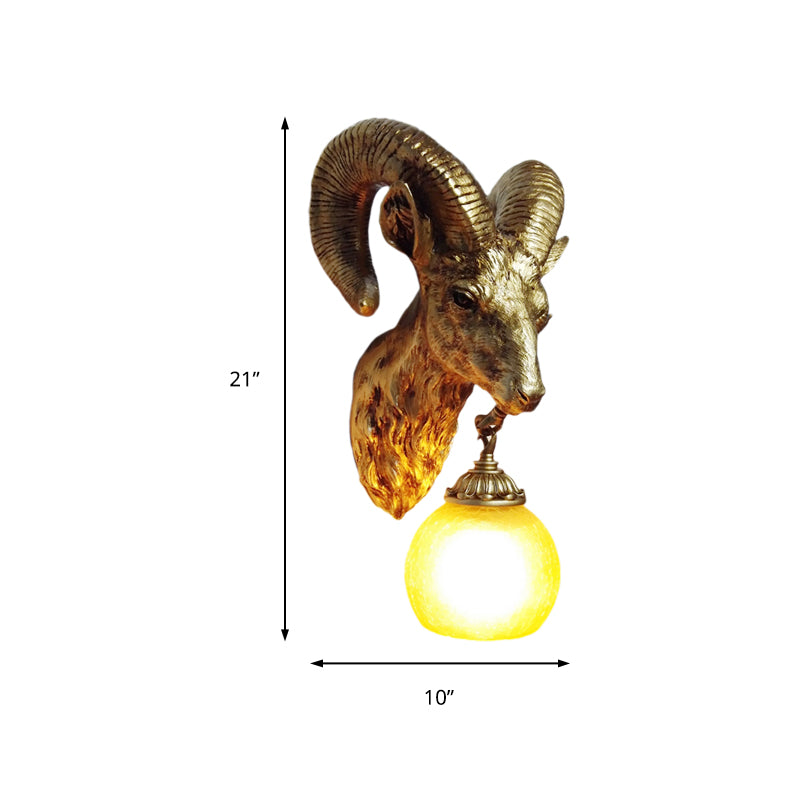 Country Style Goat Resin Gold Sconce Lamp - 1-Light Wall Mounted Lighting With Crystal/Glass Shade