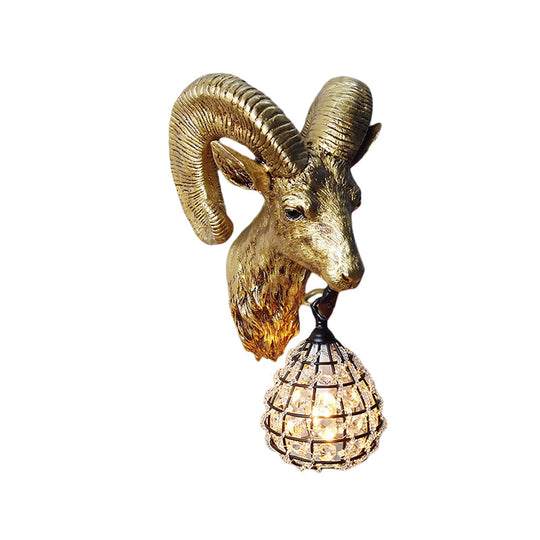 Country Style Goat Resin Gold Sconce Lamp - 1-Light Wall Mounted Lighting With Crystal/Glass Shade