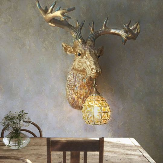 Rustic Gold Resin Deer Sconce Lamp - Wall Mounted Light With Crystal Glass Shade