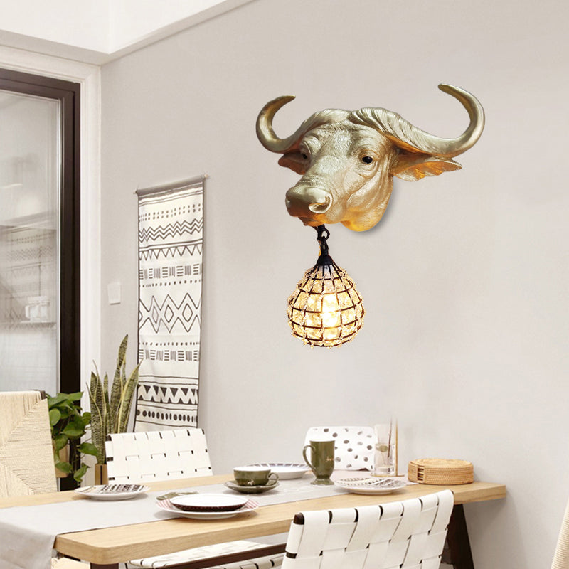 Country Cattle Metal Wall Lamp With Crystal/Glass Shade - Gold Finish / Crystal