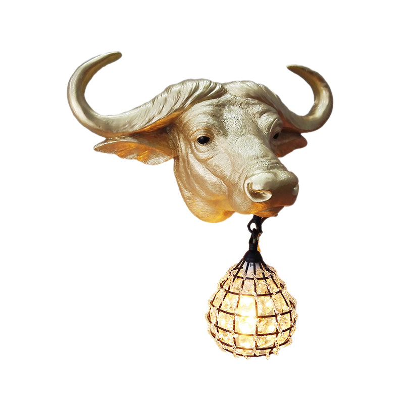 Country Cattle Metal Wall Lamp With Crystal/Glass Shade - Gold Finish