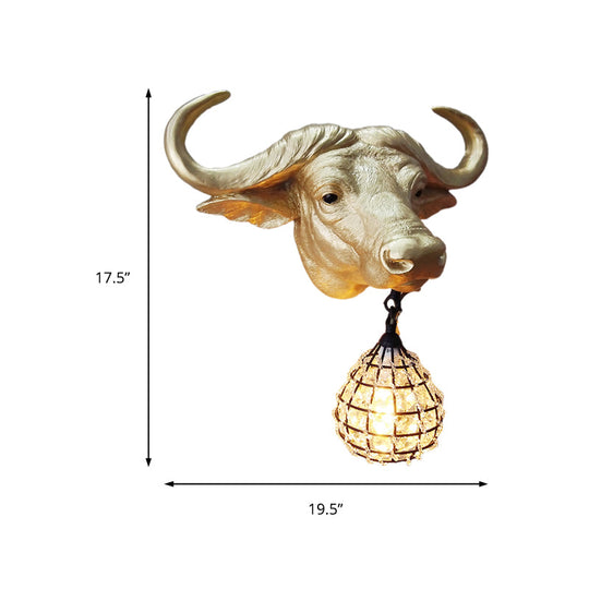 Country Cattle Metal Wall Lamp With Crystal/Glass Shade - Gold Finish