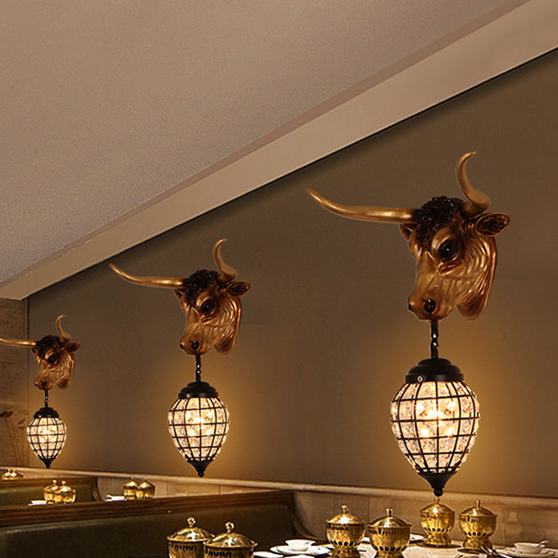 Rustic Cattle Sconce Light Fixture - 1-Light Resin Wall Mount In Brown With Water Drop/Globe Crystal