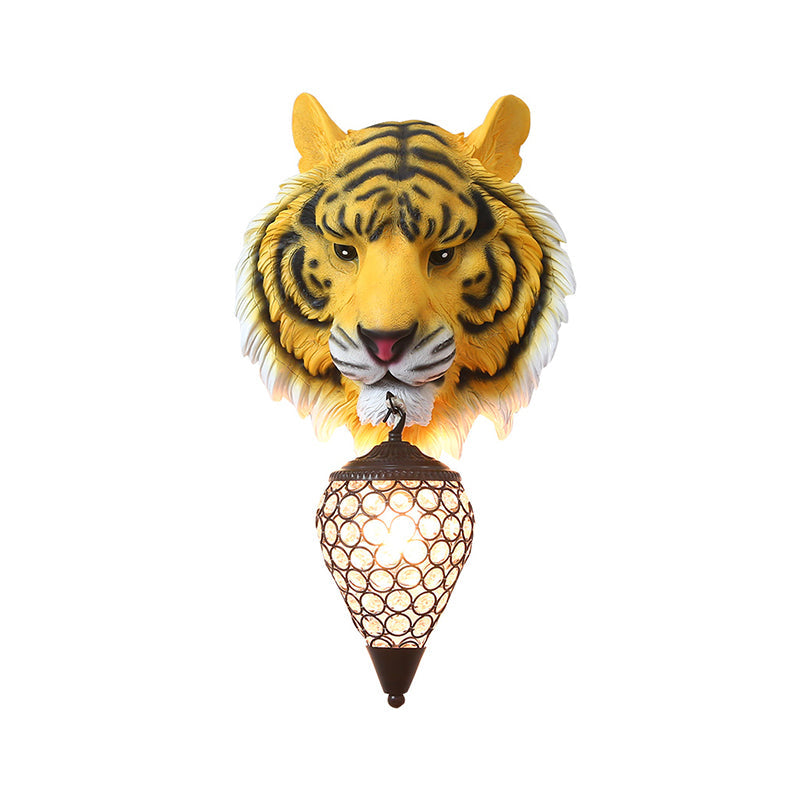 Yellow Rustic Resin Tiger Wall Sconce Light With Teardrop Crystal Shade