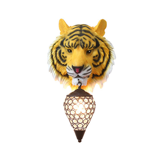 Yellow Rustic Resin Tiger Wall Sconce Light With Teardrop Crystal Shade