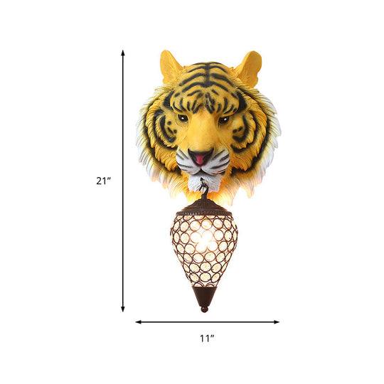 Yellow Rustic Resin Tiger Wall Sconce Light With Teardrop Crystal Shade