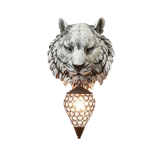 Rustic Tiger Corridor Wall Light: Resin Grey Sconce Lamp With Teardrop Crystal Shade