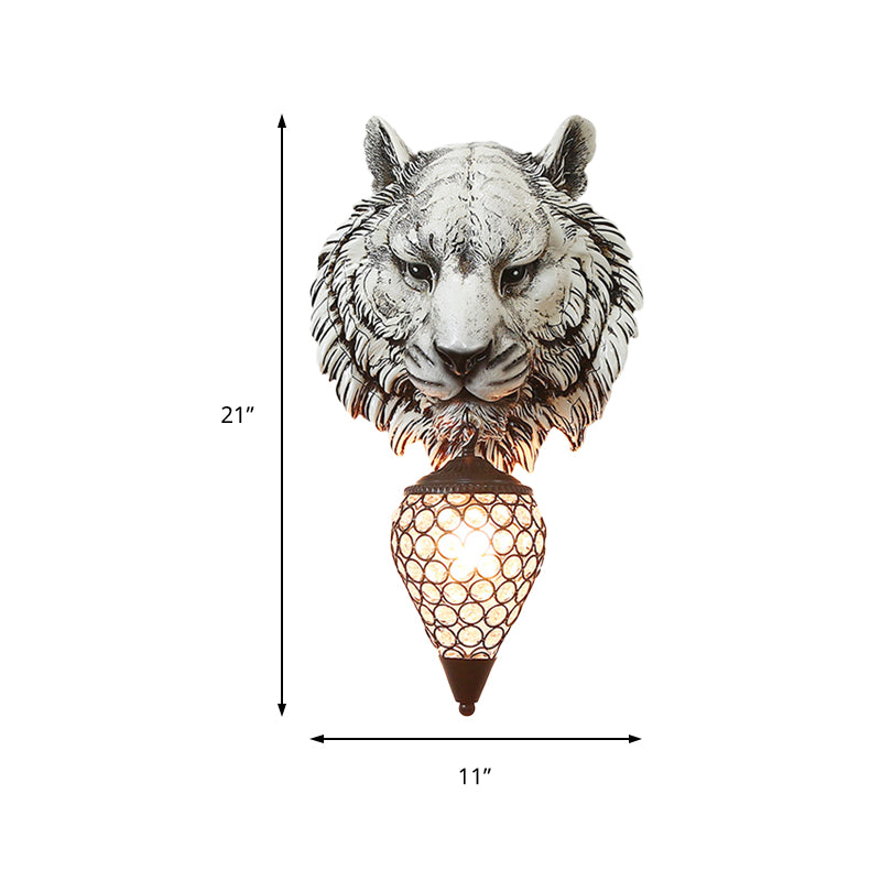 Rustic Tiger Corridor Wall Light: Resin Grey Sconce Lamp With Teardrop Crystal Shade