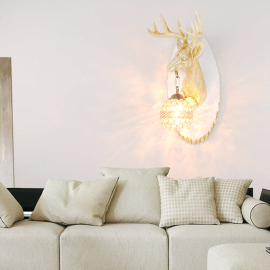 Rustic Resin Wall Lamp With Elk Design & Orb Shade - Black/Gold/Tan Left/Right Sconce Fixture. White