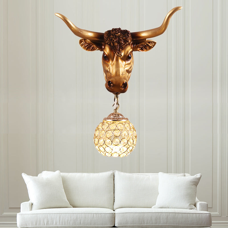 Country Gold Resin Sconce Wall Lamp With Crystal Shade For Living Room - 1 Light Globe Fixture