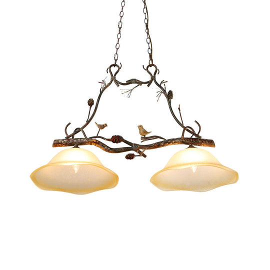 Rustic Scalloped Opal Glass Island Pendant - 2 Light Bedroom Lamp In Beige