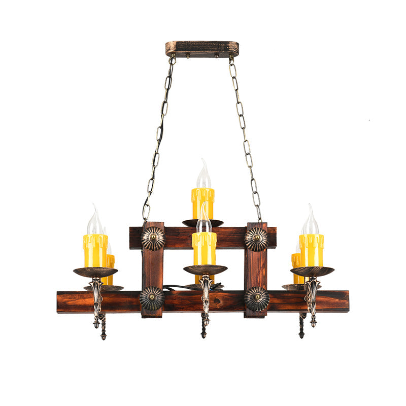 Country Style Wooden Island Lighting Fixture - Brown Candle Design 7/10 Heads Ideal For Dining Room