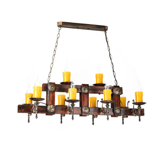 Country Style Wooden Island Lighting Fixture - Brown Candle Design 7/10 Heads Ideal For Dining Room