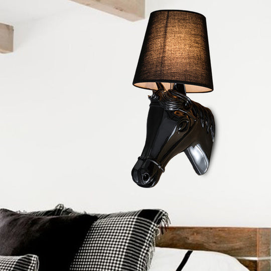 Traditional Metal Horse Head Sconce - 1-Light Bedroom Wall Lamp Black/White Fabric Shade 8.5/12