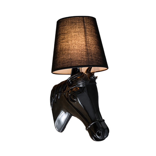 Traditional Metal Horse Head Sconce - 1-Light Bedroom Wall Lamp Black/White Fabric Shade 8.5/12