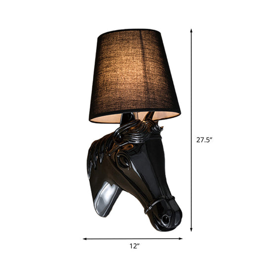 Traditional Metal Horse Head Sconce - 1-Light Bedroom Wall Lamp Black/White Fabric Shade 8.5/12