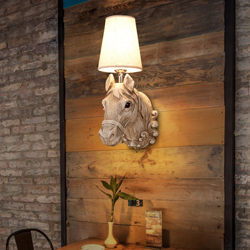 Traditional Light Brown Resin Horse Wall Lamp With Fabric Shade