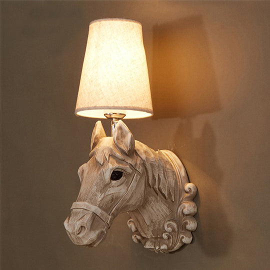 Traditional Light Brown Resin Horse Wall Lamp With Fabric Shade