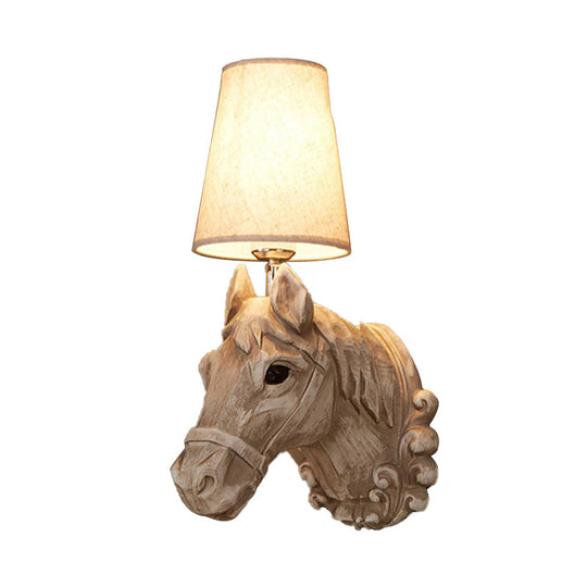 Traditional Light Brown Resin Horse Wall Lamp With Fabric Shade