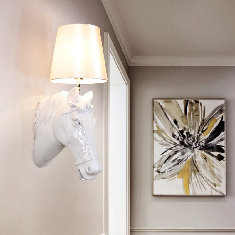 Classic Black/White Resin Wall Lamp With Cone Fabric Shade - 1 Bulb Horse Sconce