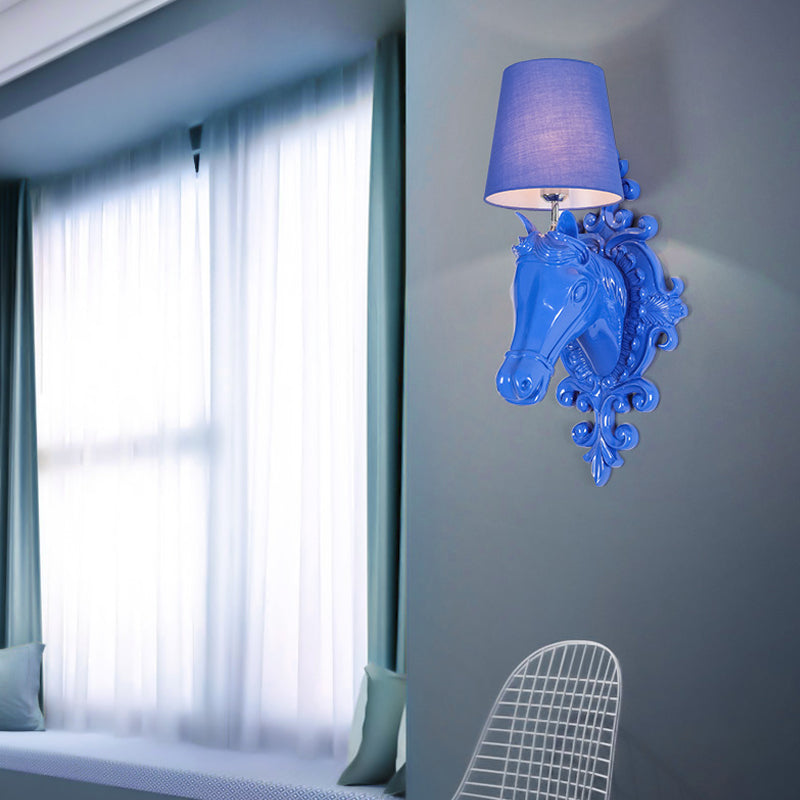 Classic Horse Head 1-Light Blue Resin Sconce With Fabric Shade - Wall Mounted Light Fixture