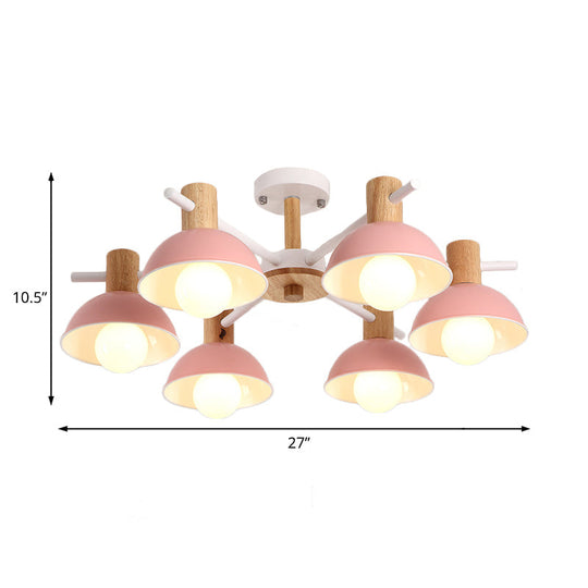 Modernist Pink/Green Dome Chandelier - Radial Design 6-Light Led Hanging Lamp Fixture