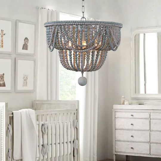 Modern Wood 2-Tier Chandelier With Blue And Gray Pendant Lighting - Perfect For Bedroom 4 Heads