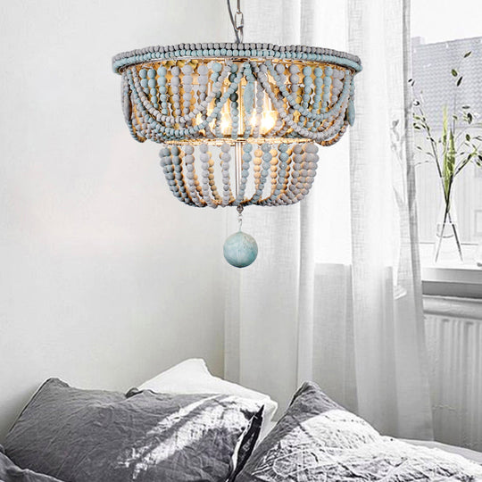 Modern Wood 2-Tier Chandelier With Blue And Gray Pendant Lighting - Perfect For Bedroom 4 Heads