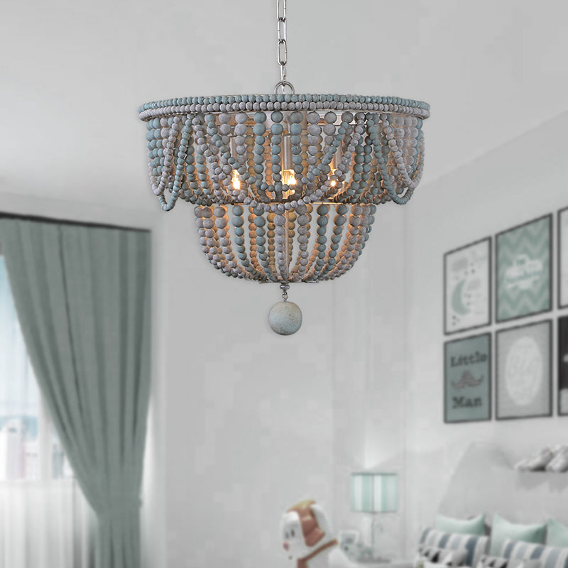 Modern Wood 2-Tier Chandelier With Blue And Gray Pendant Lighting - Perfect For Bedroom 4 Heads