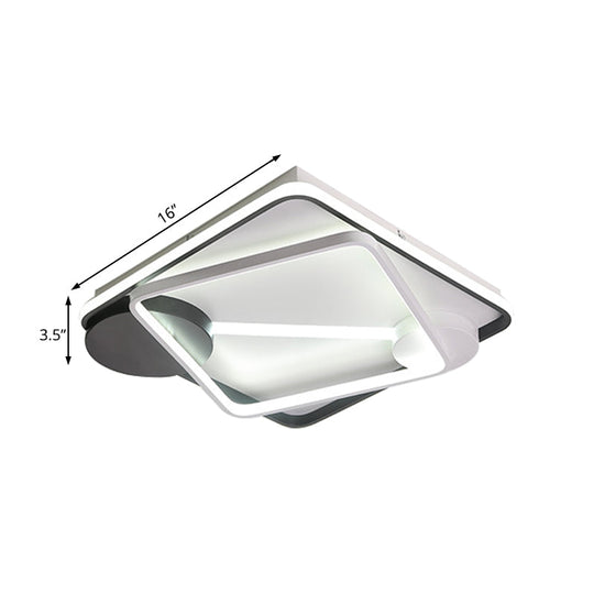 Modern LED Metal Semi Flush Mount Lamp - 16"/19.5"/35.5" Wide, Black and White Square/Rectangle Design, White/Warm Light