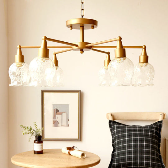 Traditional Gold Semi Flush Light with Flower Shape Clear Glass - 6 Lights, Living Room Semi-Mount Lighting