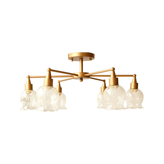 Traditional Gold Semi Flush Light with Flower Shape Clear Glass - 6 Lights, Living Room Semi-Mount Lighting