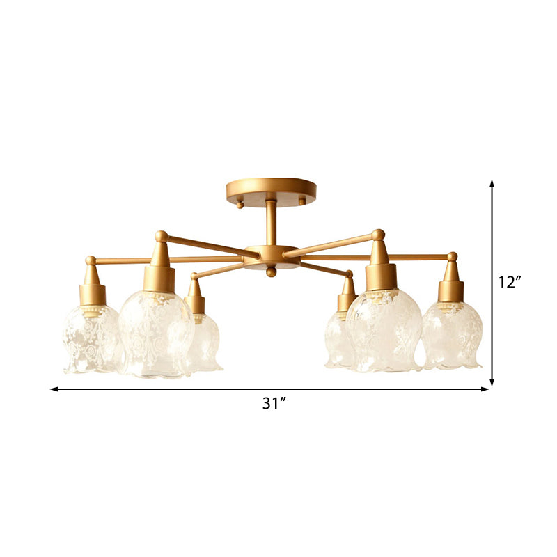 Traditional Gold Semi Flush Light with Flower Shape Clear Glass - 6 Lights, Living Room Semi-Mount Lighting