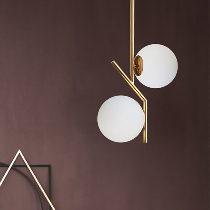 Contemporary Gold Angle Linear Chandelier Lighting - 2 Lights, White Glass Sphere Shade, Metal Hanging Lamp Fixture