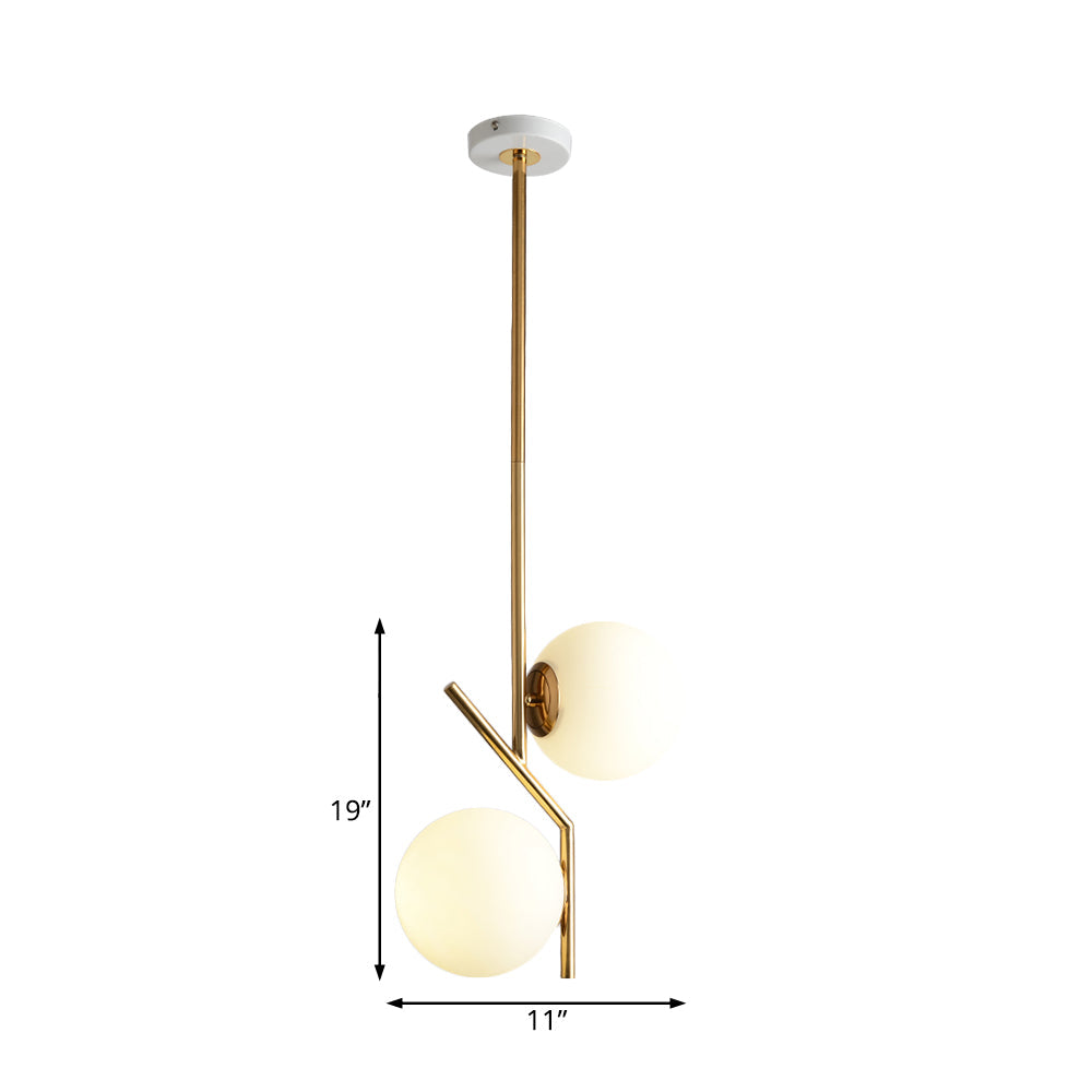 Contemporary Gold Angle Linear Chandelier Lighting - 2 Lights, White Glass Sphere Shade, Metal Hanging Lamp Fixture