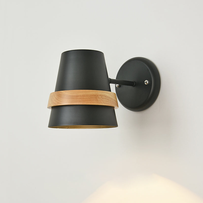 Horn-Shaped Adjustable Wall Light With Minimalist Metal Design And Wood Ring Decor - 1-Light Bedside