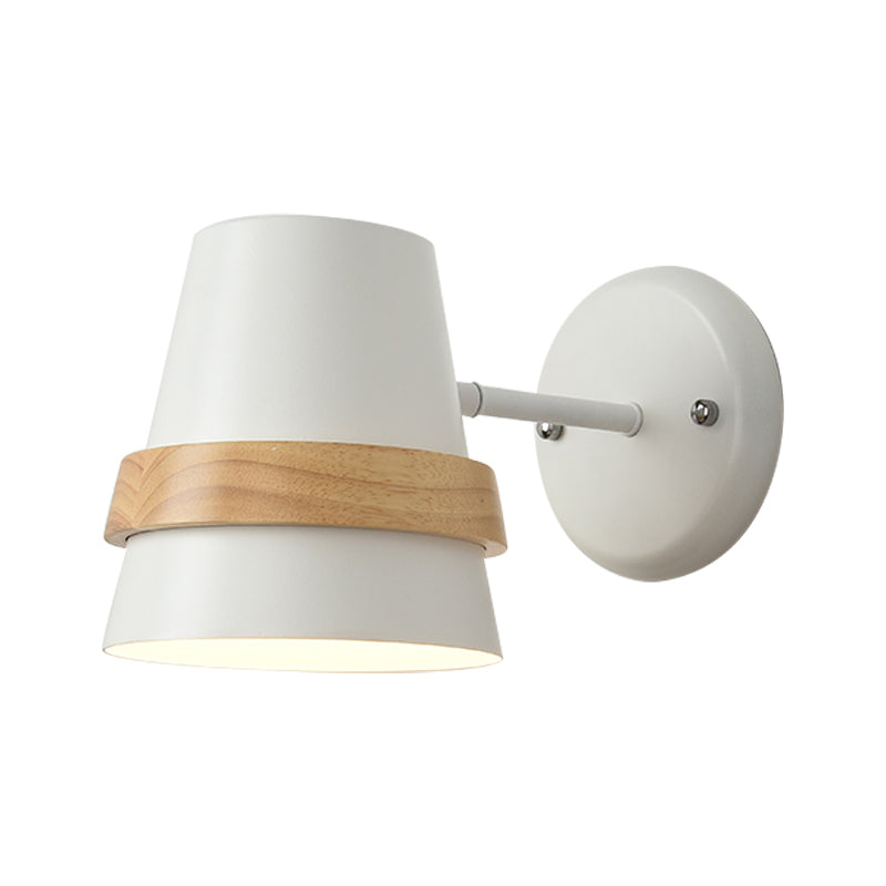 Horn-Shaped Adjustable Wall Light With Minimalist Metal Design And Wood Ring Decor - 1-Light Bedside