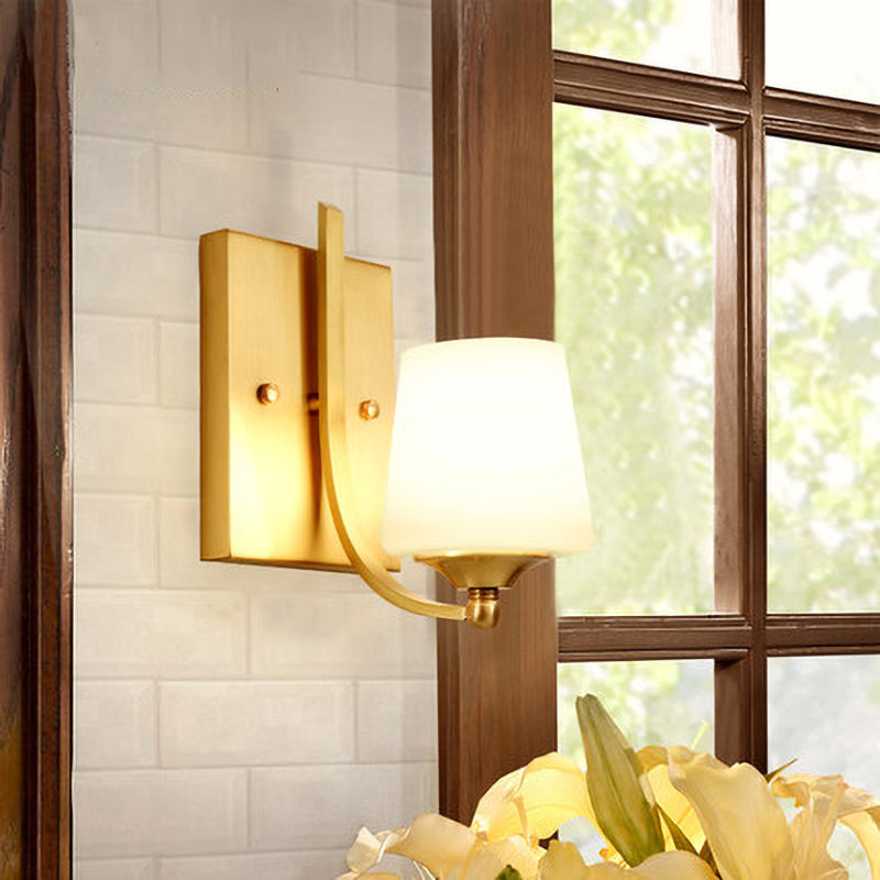 Frosted Glass Brass Sconce: Modern 1-Light Wall Mounted Light For Foyer With Swooping Arm