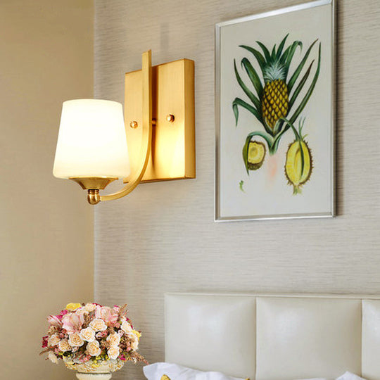 Frosted Glass Brass Sconce: Modern 1-Light Wall Mounted Light For Foyer With Swooping Arm