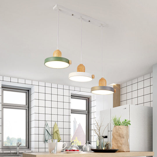 Nordic Pot Lid Led Pendant Lamp: Acrylic 3-Head Ceiling Light For Dining Room In White/Wood