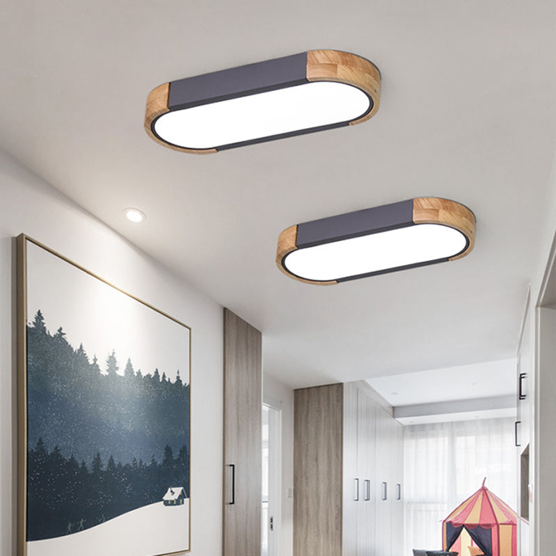 Minimalist LED Flush Mount Ceiling Light: Grey Wood Accent, Oblong Shape