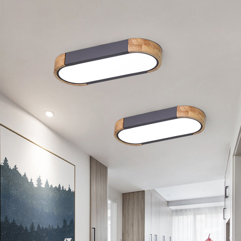 Minimalist LED Flush Mount Ceiling Light: Grey Wood Accent, Oblong Shape