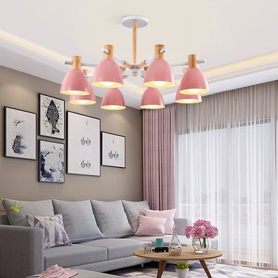 Metal Macaron Style Bell-Shaped Chandelier With Wood Accents: Stylish Ceiling Hang Light For Living