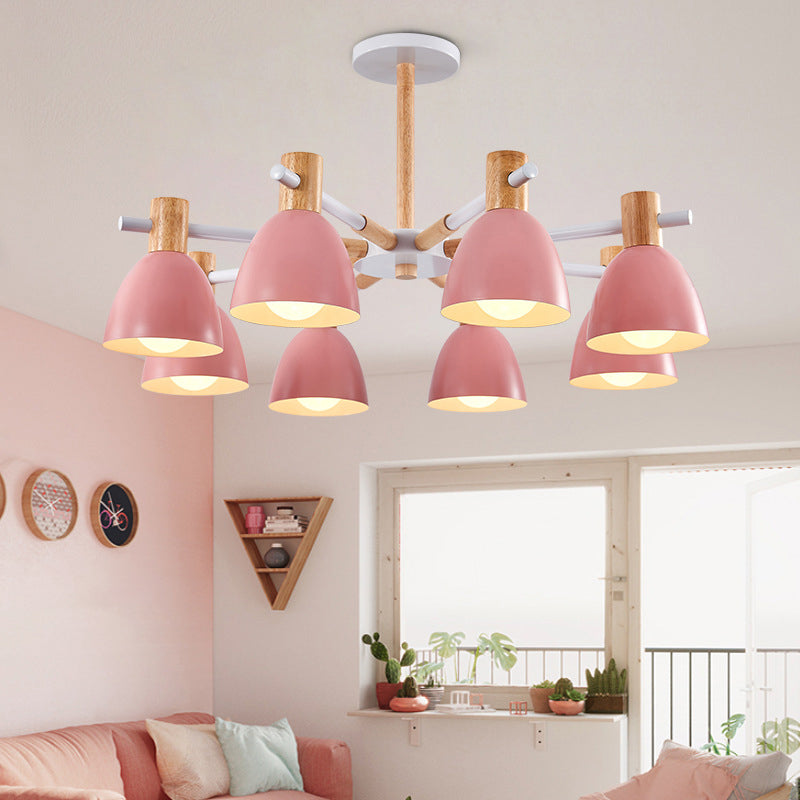 Metal Macaron Style Bell-Shaped Chandelier With Wood Accents: Stylish Ceiling Hang Light For Living