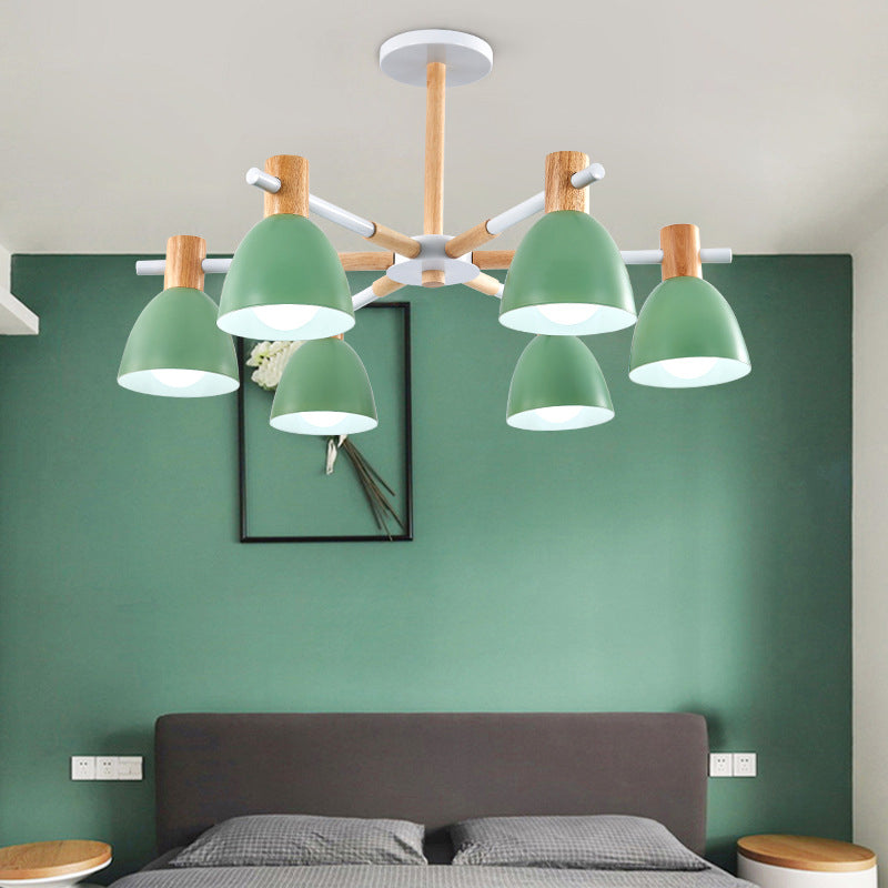 Metal Macaron Style Bell-Shaped Chandelier With Wood Accents: Stylish Ceiling Hang Light For Living