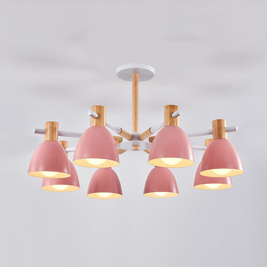 Metal Macaron Style Bell-Shaped Chandelier With Wood Accents: Stylish Ceiling Hang Light For Living