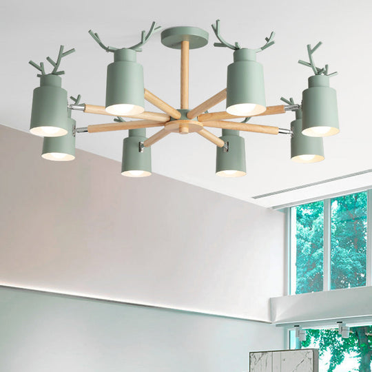 Adjustable Nordic Chandelier Light With Metal Antler Design Cylindrical Shade And Wooden Arm